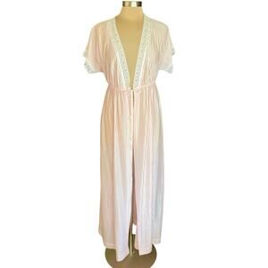 Vintage Gilead Pink Satin Tonal Stripe Floor Length Robe Lace Trim Tie Waist MED